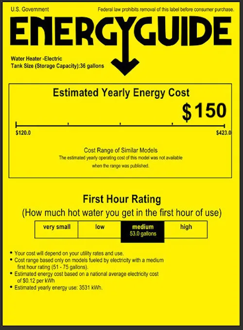 EnergyGuide label on a high-efficiency heat pump water heater showing low operating costs