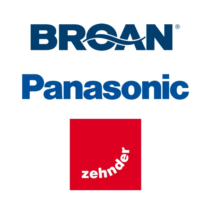Logos of top Energy Recovery Ventilator brands like Zehnder, Panasonic, and Broan