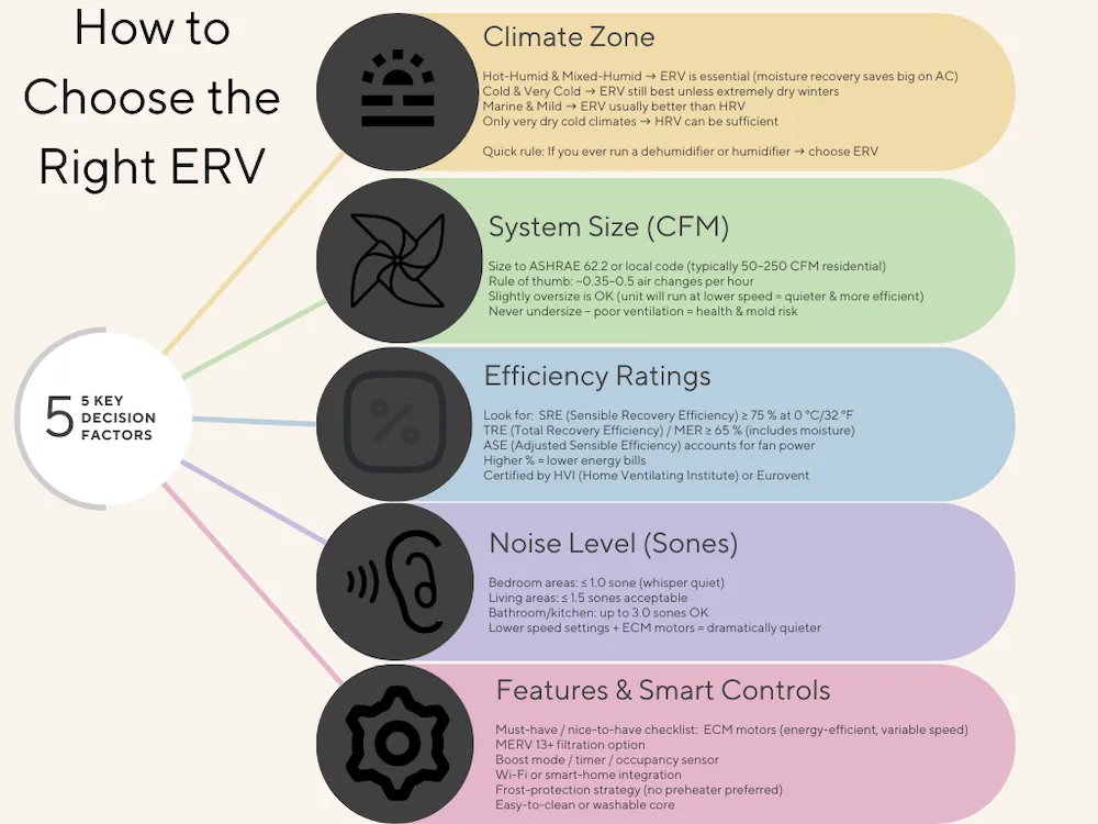 Infographic showing key factors when selecting an ERV: climate, size, efficiency, noise, and features