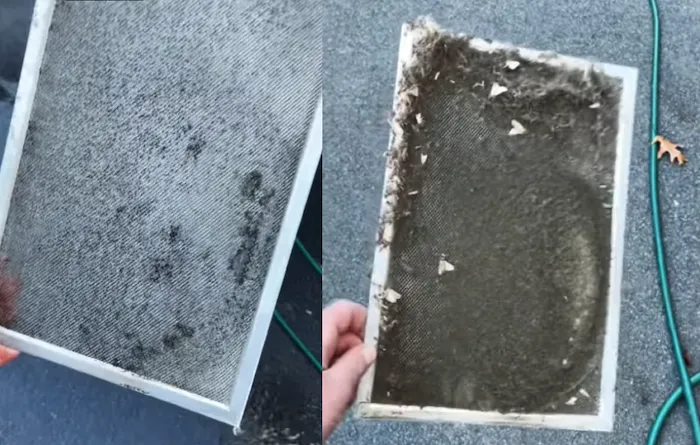 Comparing a dirty, used ERV air filter with a clean, new replacement filter