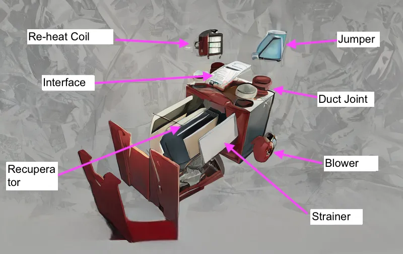 Annotated diagram of an Energy Recovery Ventilator showing its core components: heat exchanger, fans, and filters