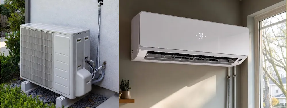 Modern ductless mini-split heat pump system showing indoor wall unit and outdoor condenser