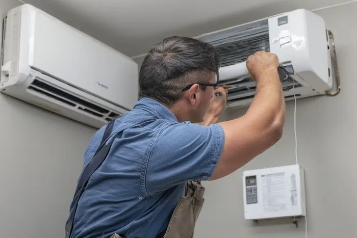 Certified HVAC technician professionally installing a ductless mini-split system