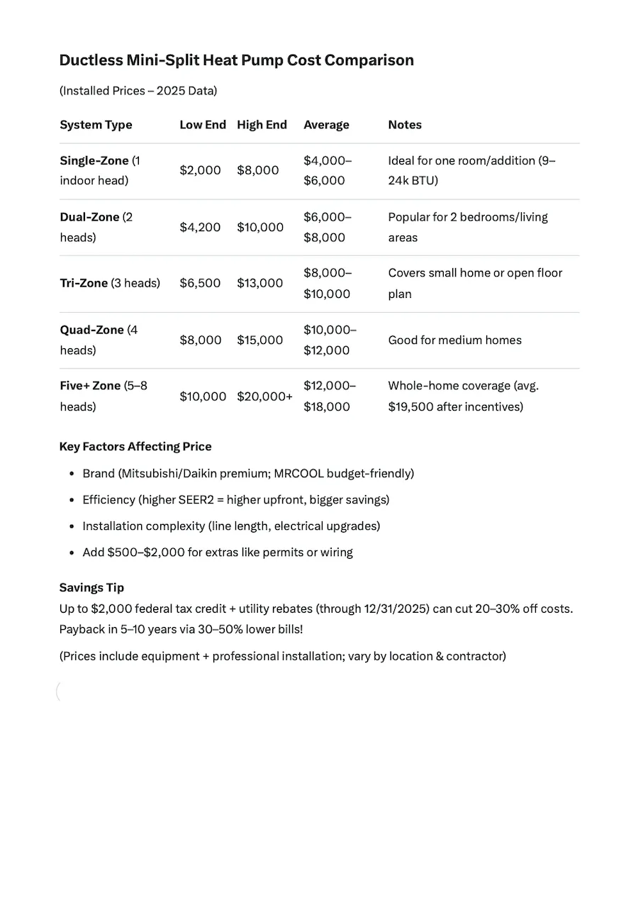 Cost comparison chart showing price ranges for single-zone and multi-zone ductless heat pump systems