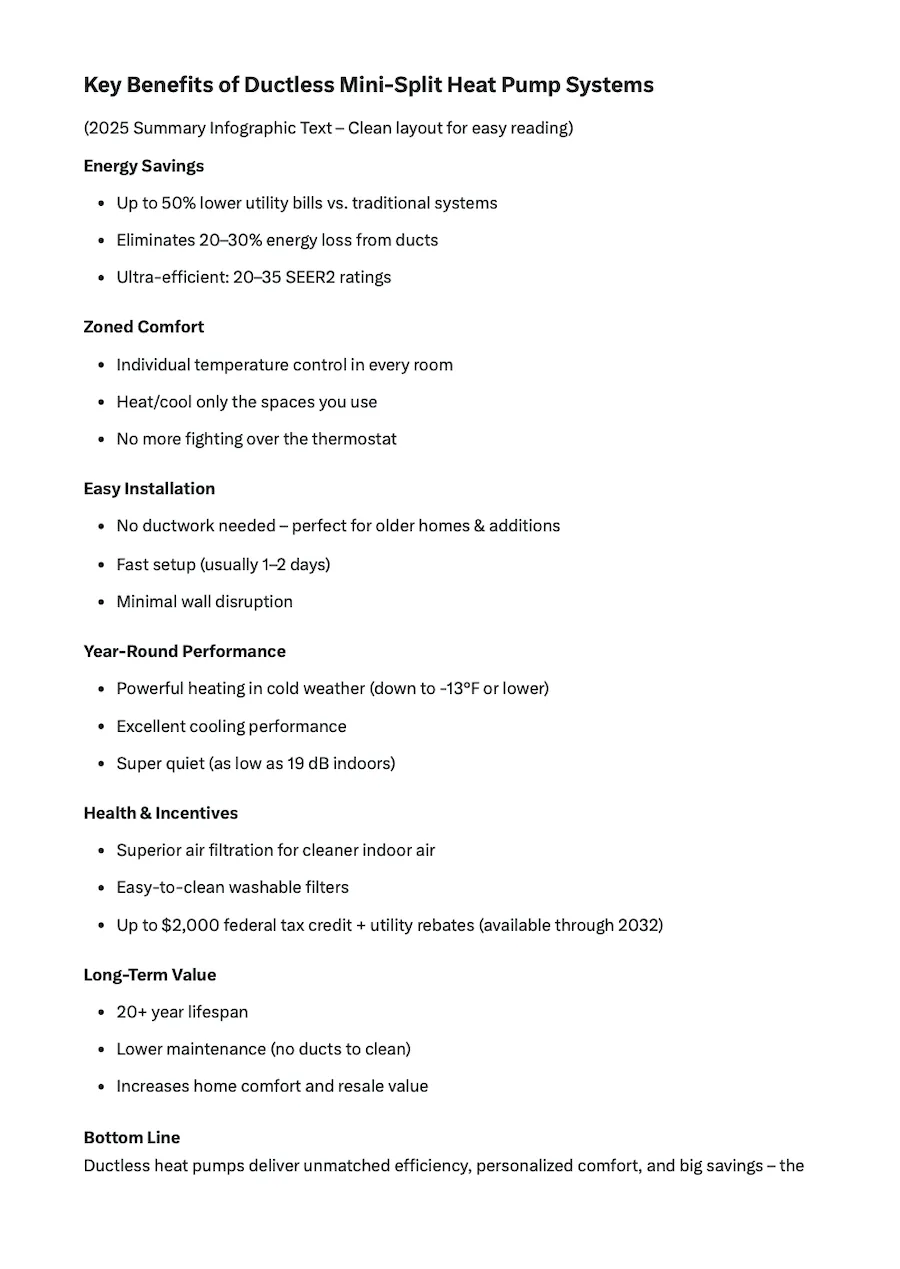 Summary infographic highlighting the key benefits and advantages of ductless heat pump systems