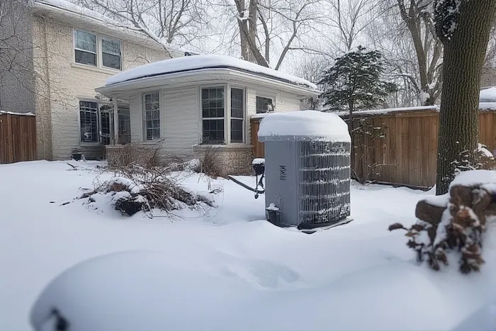 Ductless heat pump outdoor unit operating efficiently in snowy winter conditions