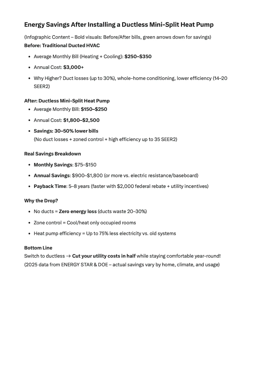 Energy savings infographic showing reduced utility costs after ductless heat pump installation