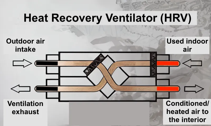 Cross-section diagram of an HRV core showing heat transfer between separate incoming and outgoing air streams