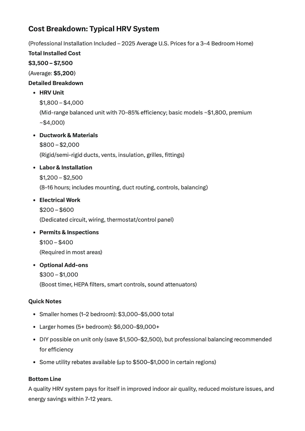 Cost breakdown infographic for a typical HRV system including unit and professional installation