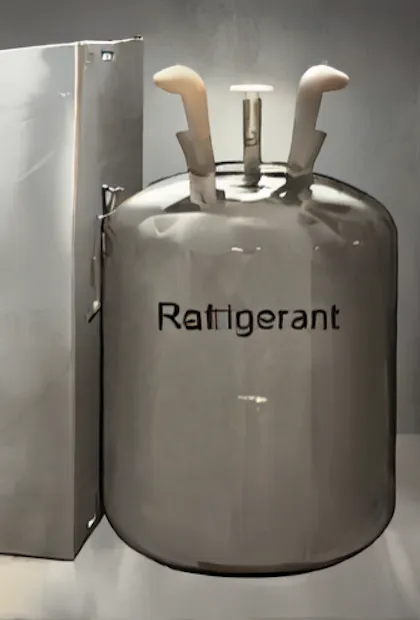 Une illustration numérique d'un réservoir sous pression gris avec le mot « Refrigerant » inscrit sur le côté. Le réservoir possède deux vannes blanches sur le dessus et se détache sur un fond gris uni.