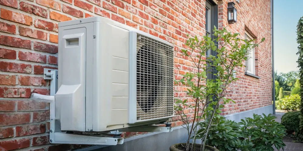 Une unité extérieure de climatisation ou pompe à chaleur blanche et rectangulaire, fixée sur un mur extérieur en briques rouges par des supports métalliques. Une plante en pot et de la verdure sont visibles au pied du mur.