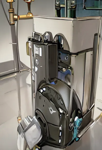 Une fournaise au gaz à haute efficacité installée verticalement dans un sous-sol. Elle présente un caisson métallique gris avec deux panneaux d'accès et deux tuyaux d'évacuation en PVC blanc sortant du dessus. Un grand conduit d'air métallique est raccordé sur le côté gauche.