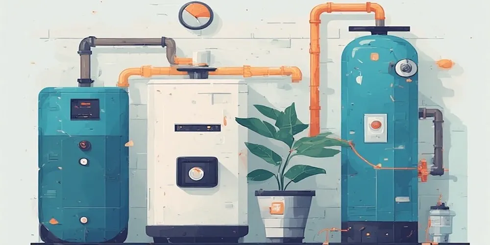 Une illustration numérique minimaliste de trois réservoirs de services publics différents (sarcelle et blanc) contre un mur de briques blanches, avec des tuyaux orange et une plante en pot verte au centre.