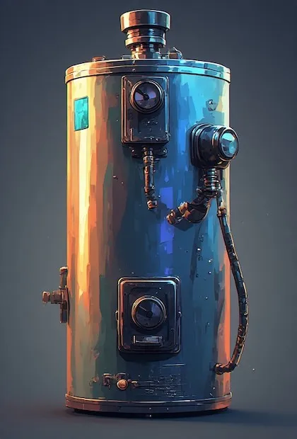 Un réservoir cylindrique vertical stylisé avec une finition métallique bleu sarcelle et orange. Il présente des détails industriels complexes, notamment des manomètres, un tuyau noir épais sur le côté et une valve métallique au sommet. L'éclairage est dramatique, créant une esthétique futuriste ou « dieselpunk ».